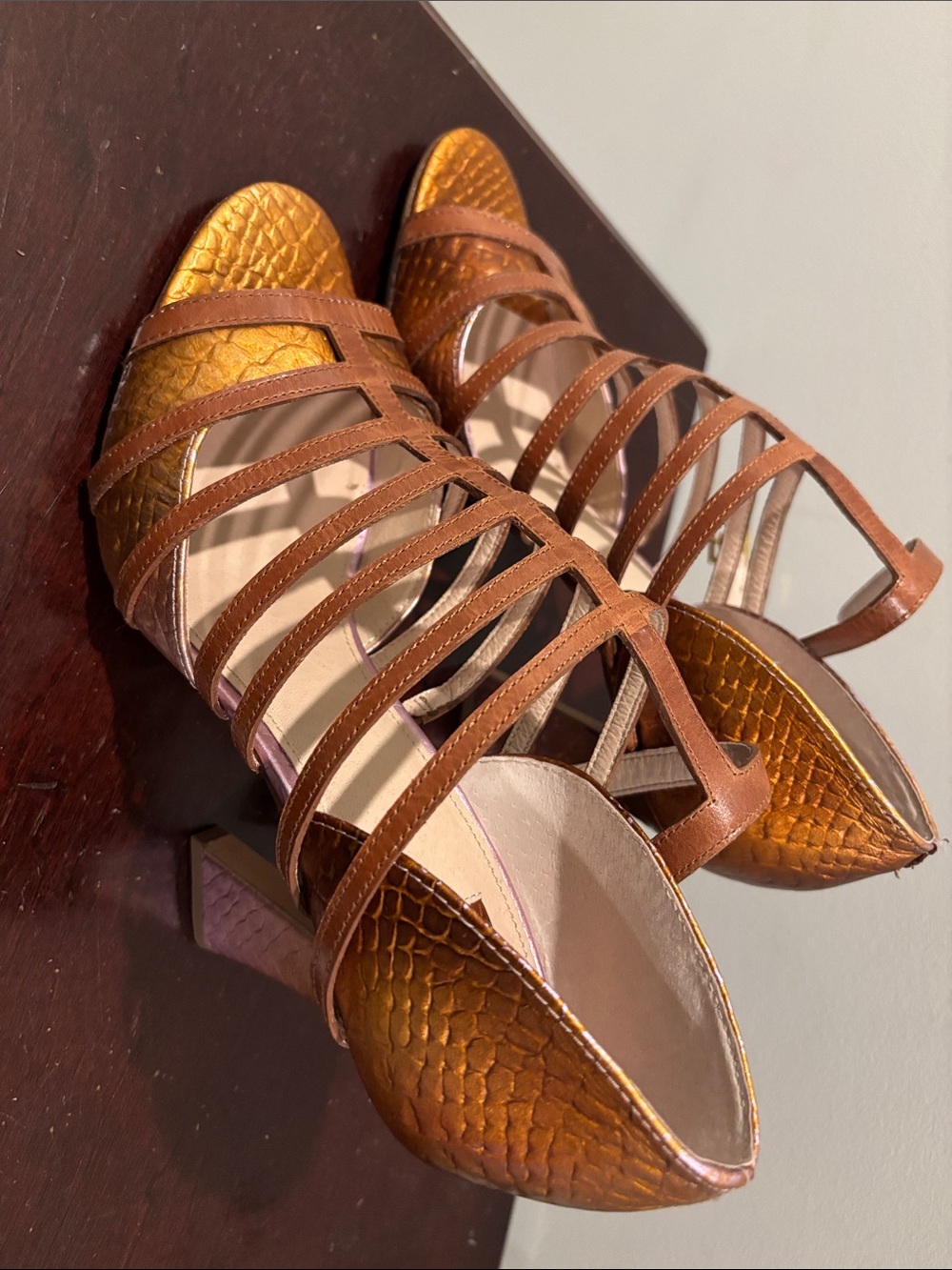 Louise et Cie Brown Strappy Heels with Metallic Gold Toe
